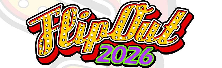 Logo for Flip Out 2026 featuring yellow marquee-style letters with red outline and a bright green '2026'