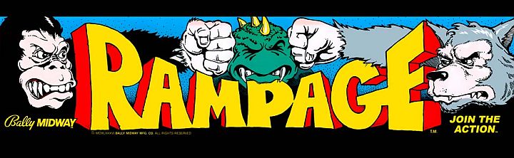 Vintage Rampage arcade game banner: large red and yellow 'RAMPAGE' lettering with cartoon monsters (ape, dragon, wolf) smashing through the letters, set against a blue sky background.