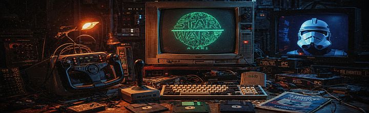Retro computer desk at night with a CRT monitor showing a green Star Wars logo and a second screen displaying a clone trooper image, surrounded by vintage gear.