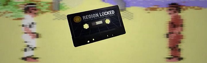 Black cassette labeled 'Region Locked' hovering in a retro pixel-art game scene between two blurred characters.